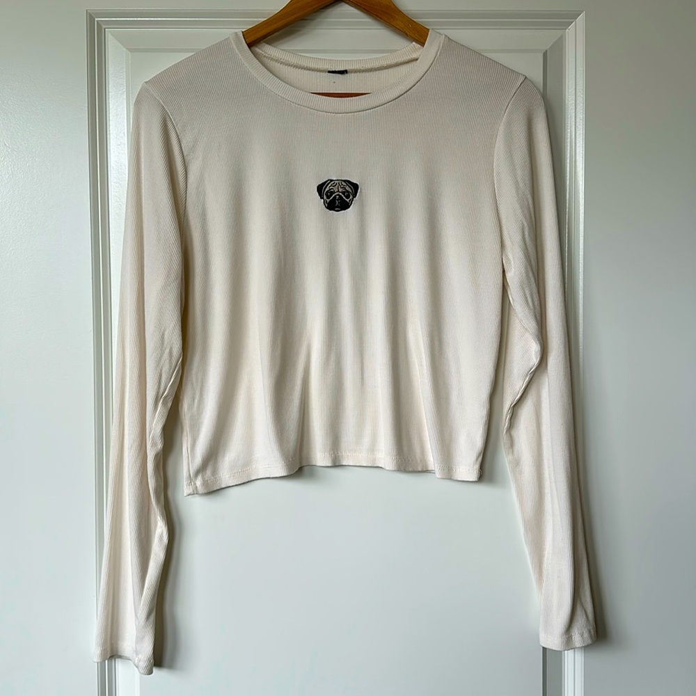 Wild Fable Ribbed Long sleeve Crew Neck Cropped Top Medium Women’s Pug Ivory Dog
